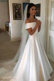 A Line Satin Off the Shoulder Ivory Wedding Dresses Short Sleeves Wedding Gowns WK493