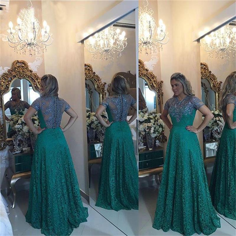 A Line Short Sleeve Green Lace Appliques Beads Prom Dresses Floor Length Evening Dress WK931