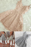 A Line Spaghetti Strap V Neck Lace Silver Homecoming Dresses Mini Short Prom Dresses H1313