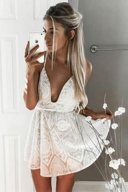 A Line Spaghetti Straps Backless V Neck Short White Above Knee Lace Homecoming Dress H1021
