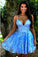 A Line Spaghetti Straps Blue Homecoming Dresses with Appliques V Neck Short Prom Dress H1285