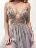 A Line Spaghetti Straps Deep V Neck Beads Tulle Prom Dresses with High Split Party Dress WK979
