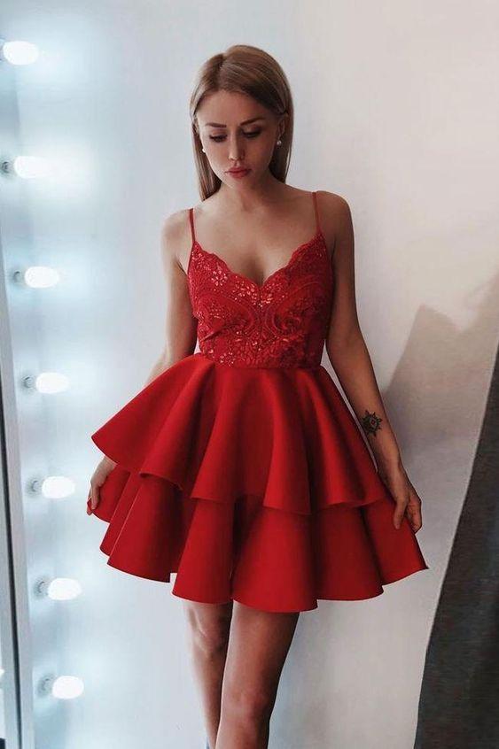 A Line Spaghetti Straps Short Red Tiered Homecoming Dress with Lace Prom Dresses H1170