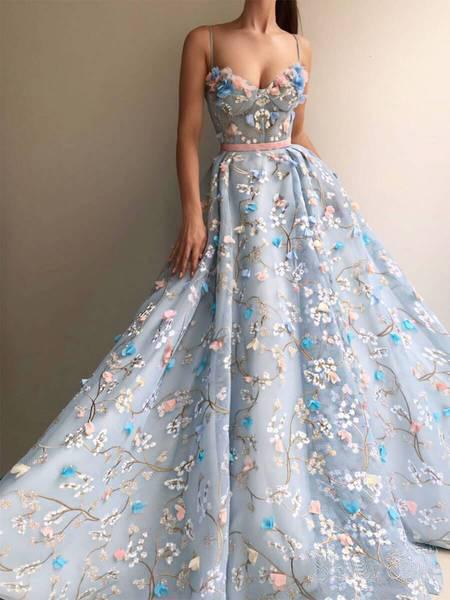A Line Spaghetti Straps Sweetheart 3D Flower Applique Sky Blue Prom Dresses WK426