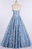 A Line Spaghetti Straps Sweetheart 3D Flower Applique Sky Blue Prom Dresses WK426