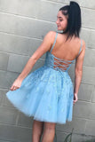 A Line Spaghetti Straps V Neck Blue Lace Appliques Homecoming Dresses with Lace up H1282