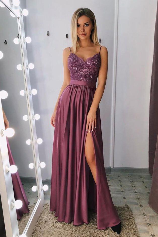 A Line Spaghetti Straps V Neck Purple Lace Side Slit Prom Dresses Party Dresses P1002