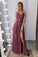 A Line Spaghetti Straps V Neck Purple Lace Side Slit Prom Dresses Party Dresses P1002