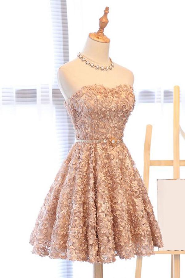 A Line Strapless Sweetheart Homecoming Dress with Appliques Beads Dance Dresses H1295