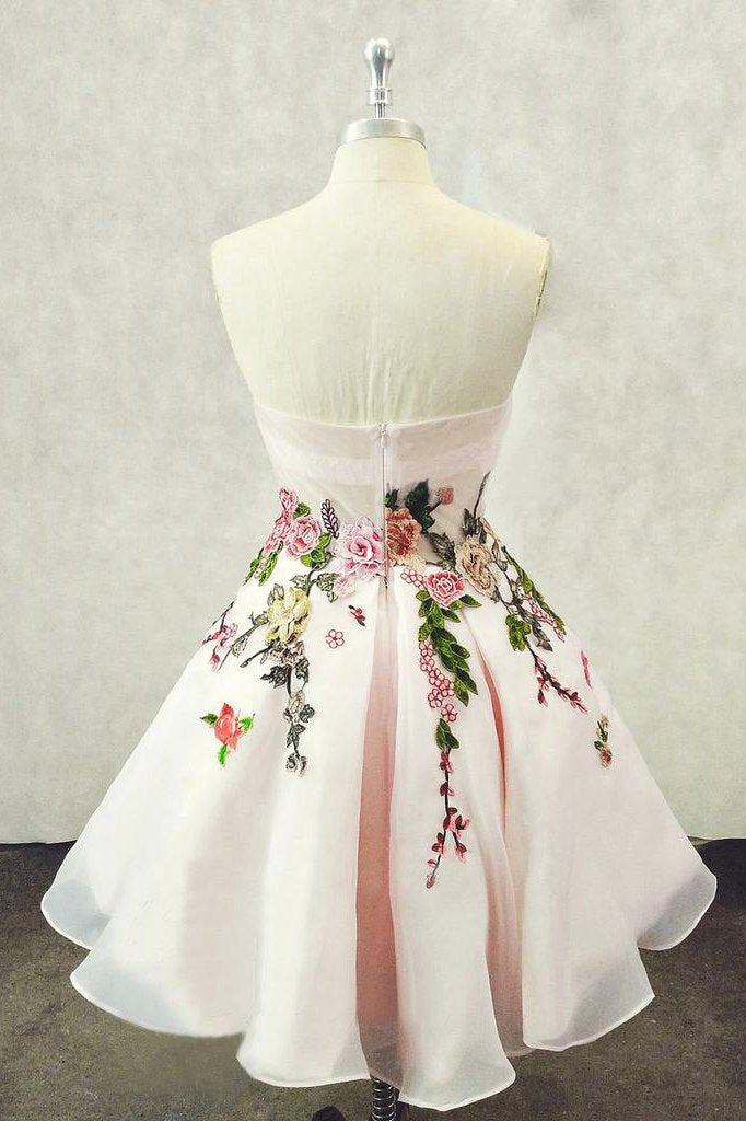 A Line Straps Sweetheart Pink Homecoming Dresses with Floral Print Short Prom Dress WK826