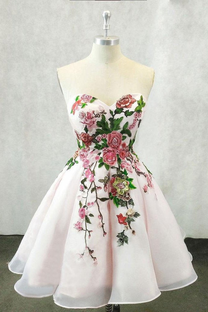 A Line Straps Sweetheart Pink Homecoming Dresses with Floral Print Short Prom Dress WK826