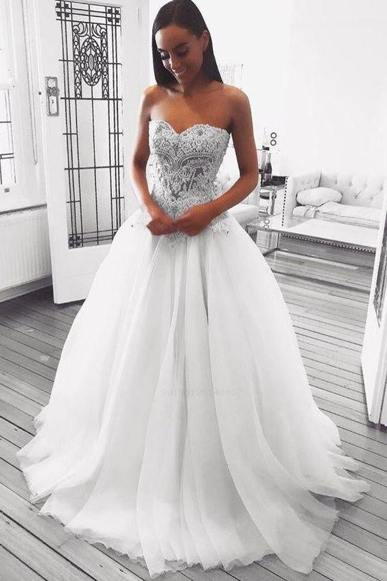A Line Sweetheart Strapless Tulle Ivory Wedding Dresses with Beads Wedding Gowns W1083