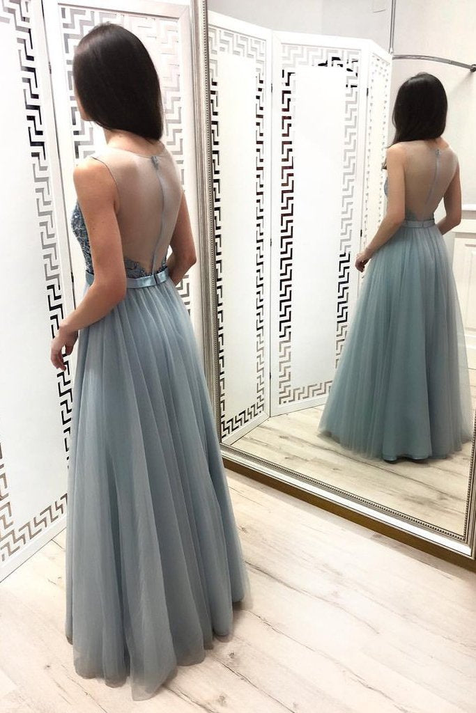 A Line Tulle Blue Floor Length Prom Dresses Beaded Long Evening Graduation Dresses WK901