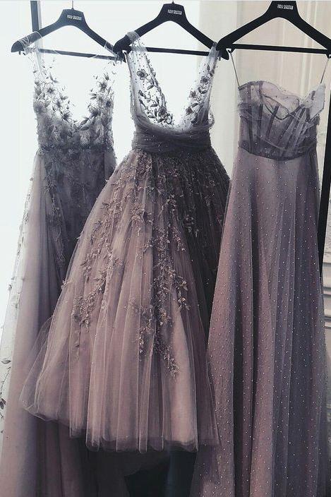 A Line Tulle Lace Appliques Purple V Neck Prom Dresses Cheap Evening Dresses WK975