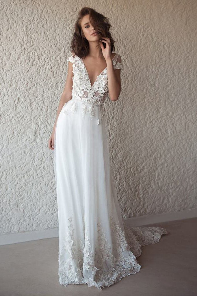 A Line Tulle Lace Appliques Wedding Dresses Short Sleeve Backless V Neck Bridal Dress WK494