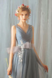A Line Tulle V Neck Ruffles Prom Dresses Long Cheap Evening Dresses WK355