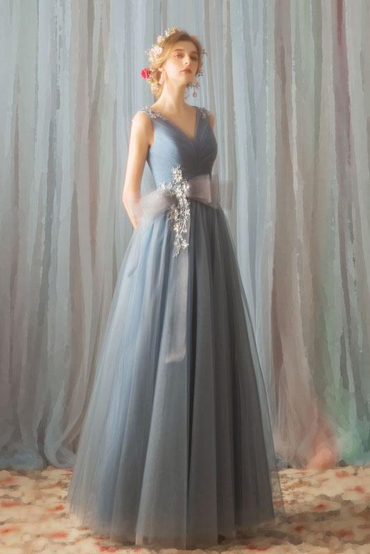 A Line Tulle V Neck Ruffles Prom Dresses Long Cheap Evening Dresses WK355