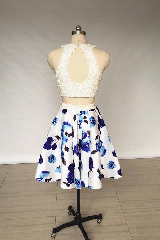A Line Two Piece Ivory Jewel Floral Print Satin Short Homecoming Dress with Pearls WK818