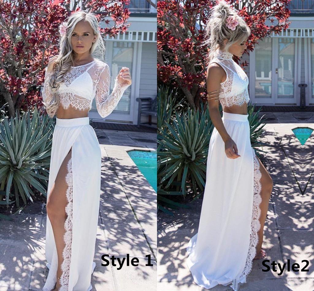 A Line Two Pieces Long Sleeve Prom Dresses Scoop High Slit White Evening Dresses WK665