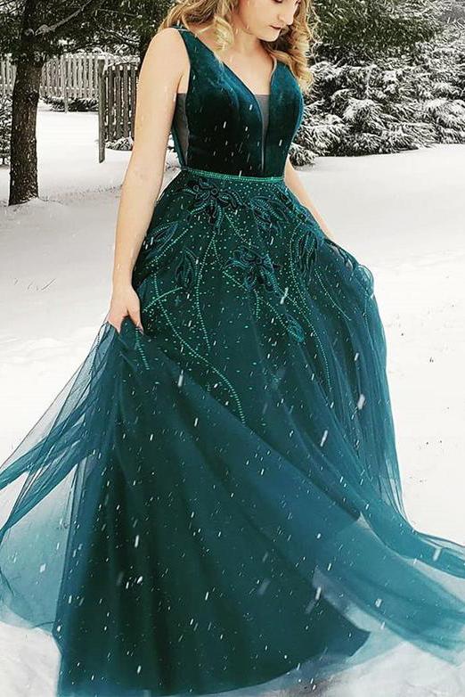 A Line V-Neck Backless Green Prom Dress With Appliques Beading Evening Gown WK458