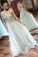 A Line V-Neck Tulle Backless Prom Dress with Sequins Appliques Long Evening Dresses WK362