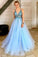A Line V-Neck Tulle Backless Prom Dress with Sequins Appliques Long Evening Dresses WK362