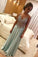 A Line V Neck Light Green Beads Sleeveless Satin Prom Dresses Long Formal Dresses WK457