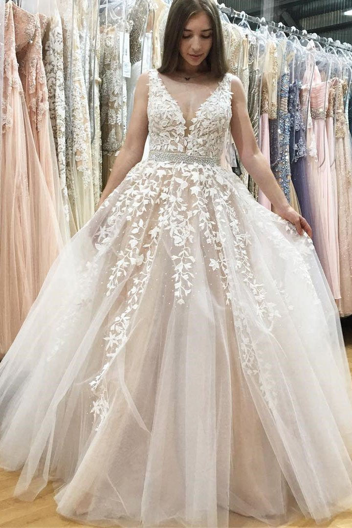 A Line V Neck Long Ivory Lace Appliques Wedding Dresses Beads Tulle Prom Dresses WK598