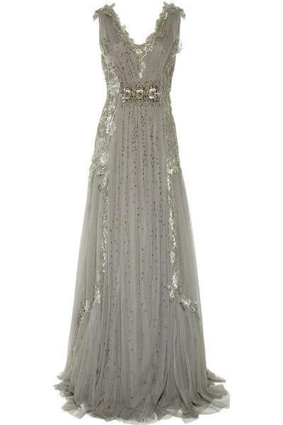 A Line V Neck Ruffles Tulle Gray Prom Dresses Long Sequins Evening Dresses WK580