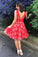 A Line V Neck Short Red Lace Appliques Backless Formal Dresses Homecoming Dresses H1134