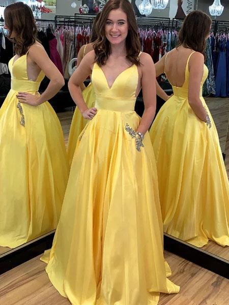 A Line Yellow Satin V-Neck Beading Pocket Prom Dresses Long Backless Party Dresses P1109