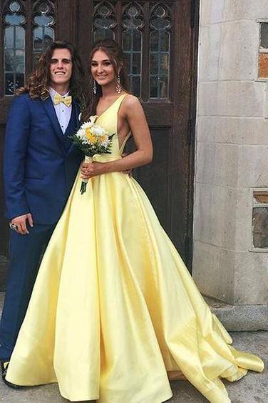 A Line Yellow V Neck Prom Dresses Satin Backless Lace up Long Evening Dresses WK626