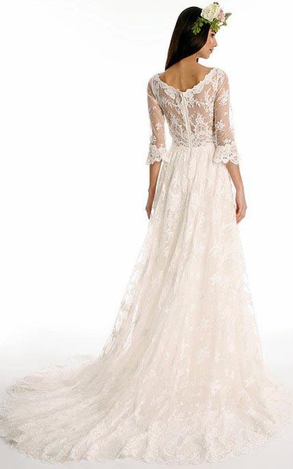 A line Bateau Half Sleeve Lace Wedding Dress With Sweep Train V Back Bridal Dress WK513
