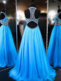 A line Blue Tulle Halter Beads Open Back Prom Dresses Long Evening Dresses WK579