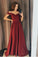 A line Burgundy Cold Shoulder Sweetheart Prom Dresses Satin Long Evening Dresses PW669