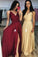 A line Burgundy Ruffles V Neck Elastic Satin Prom Dresses with High Slit WK694
