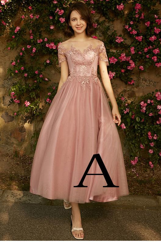 A line Dusty Pink Short Sleeve Bridesmaid Dresses Lace Tulle Prom Dresses PW807