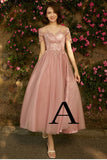 A line Dusty Pink Short Sleeve Bridesmaid Dresses Lace Tulle Prom Dresses WK807