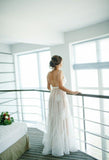 A line Lace Appliques Scoop Prom Dresses Backless Tulle Ivory Wedding Dresses WK509