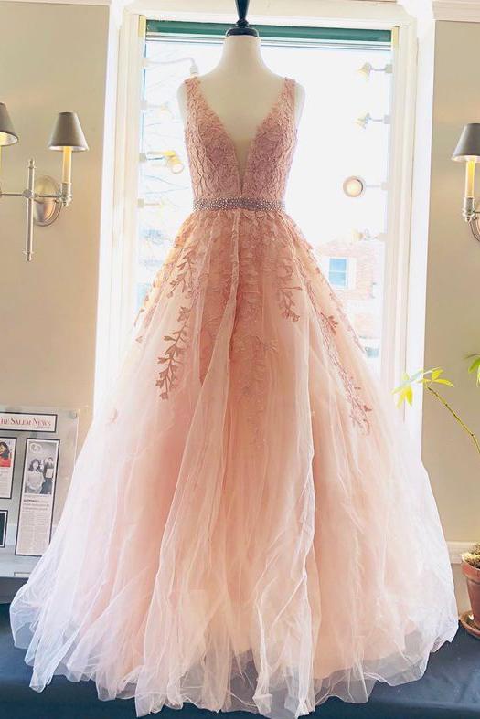 A line Lace V Neck Pink Prom Dresses with Appliques Long Cheap Evening Dresses WK730