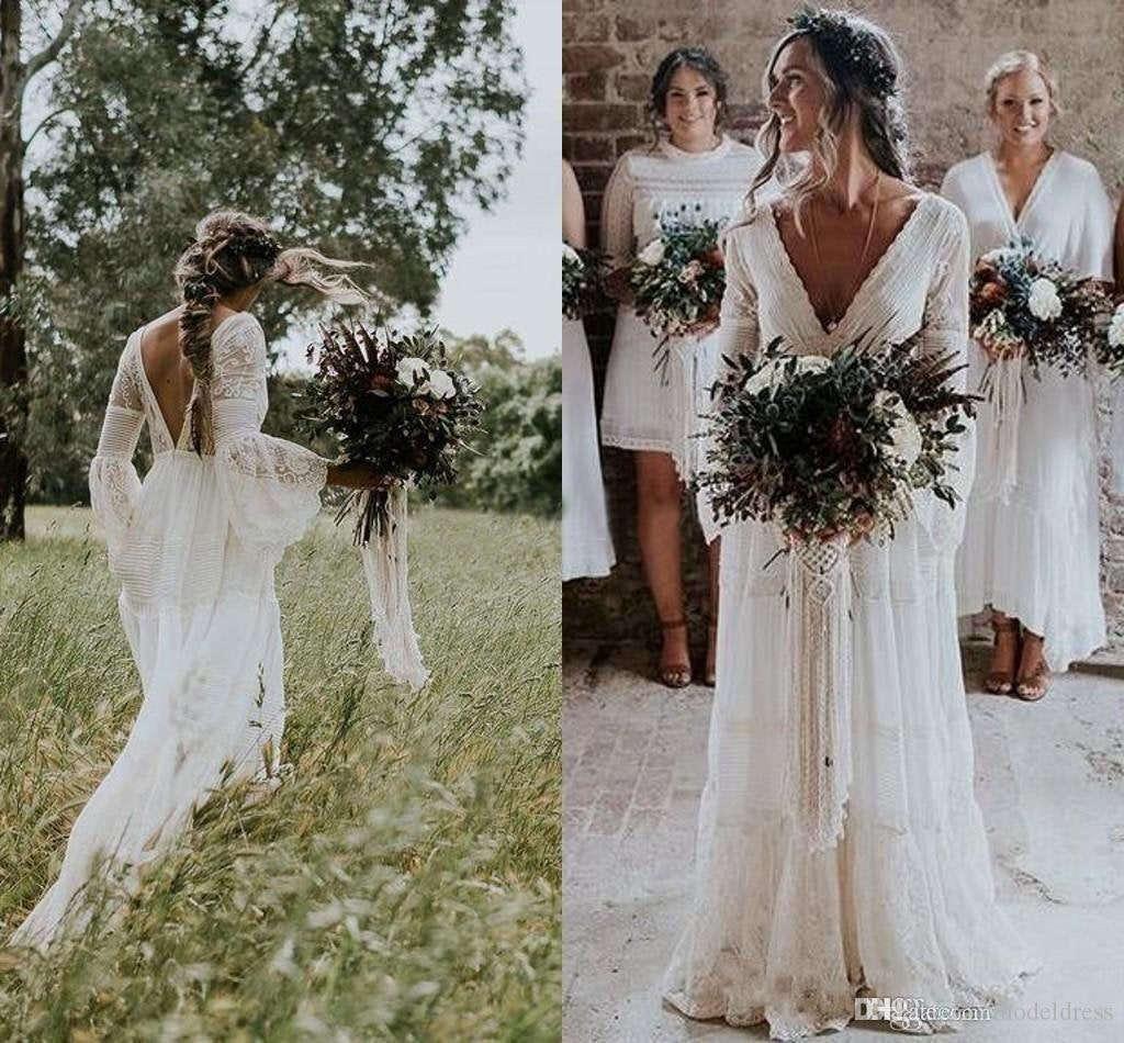 A line Long Sleeve Deep V Neck Lace Backless Wedding Dresses Long Bridal Dresses WK558
