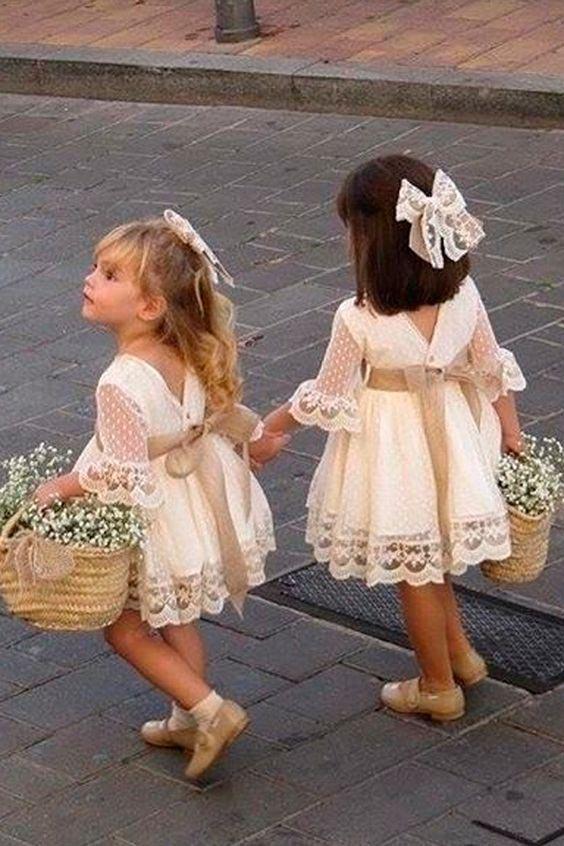 A line Long Sleeve Lace Flower Girl Dresses Above Knee Scoop Bowknot Baby Dress WK546