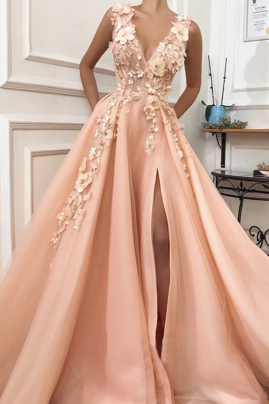 A line Pink V Neck Prom Dresses with Slit, Lace Appliques Prom Gowns PW590