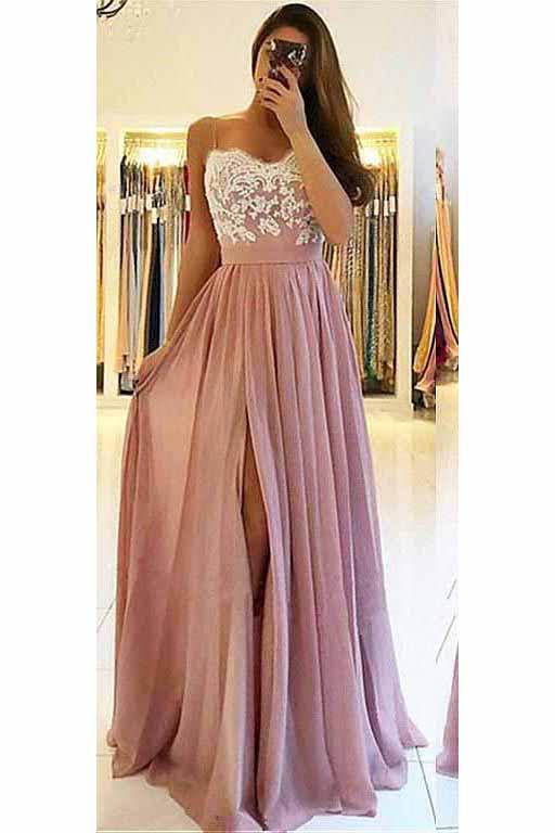 A line Spaghetti Straps Chiffon Sweetheart Prom Dresses with Slit Lace WK594