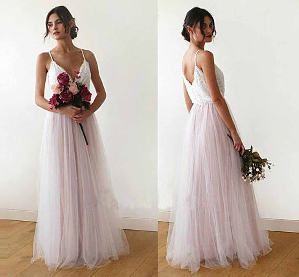A line Spaghetti Straps Pearl Pink V Neck Backless Tulle Bridesmaid Dress Prom Dresses BD1007