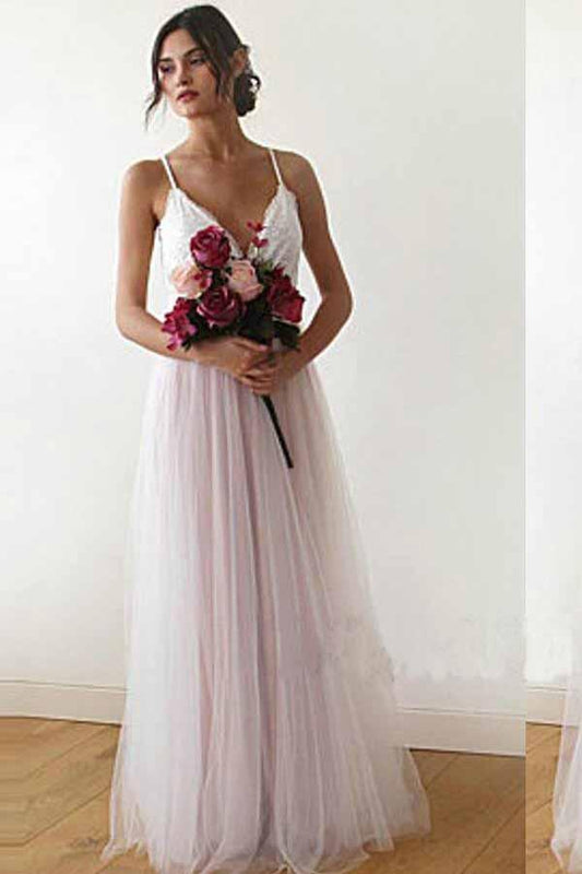 A line Spaghetti Straps Pearl Pink V Neck Backless Tulle Bridesmaid Dress Prom Dresses BD1007