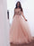 A line Tulle Blush Pink Prom Dresses with Beaded Sequins V Neck Bodice WK653