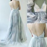 A line Tulle Ombre Deep V Neck Spaghetti Straps Blue Prom Dresses Evening Dresses WK883