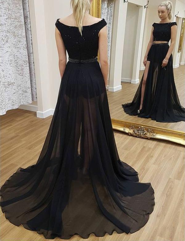 A line Two Piece Detachable Black Prom Dresses Sequin Short Sleeves Chiffon Formal Dress WK461