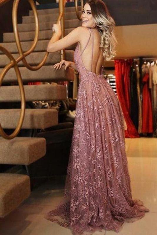 A line V Neck Pink Lace Backless Appliques Prom Dresses Sleeveless Evening Dresses WK555